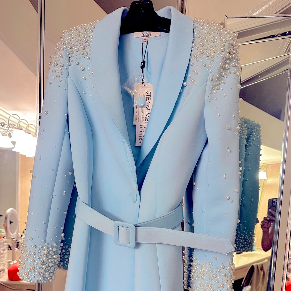 Badgley Mischka Embellished Scuba Coat Dress in Light Blue NWT Retail $495